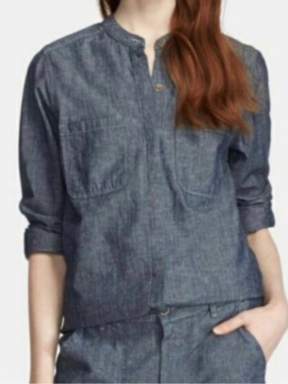 Vince Chambray Shirt Blue Band Collar Patch Pocket Button Front Size S
